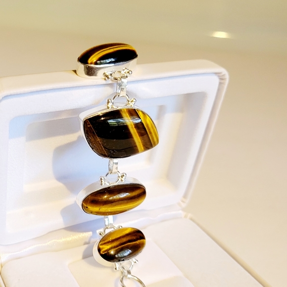 Natural Genuine Tiger's Eye 925 Silver Linked Bracelet - Picture 3 of 14